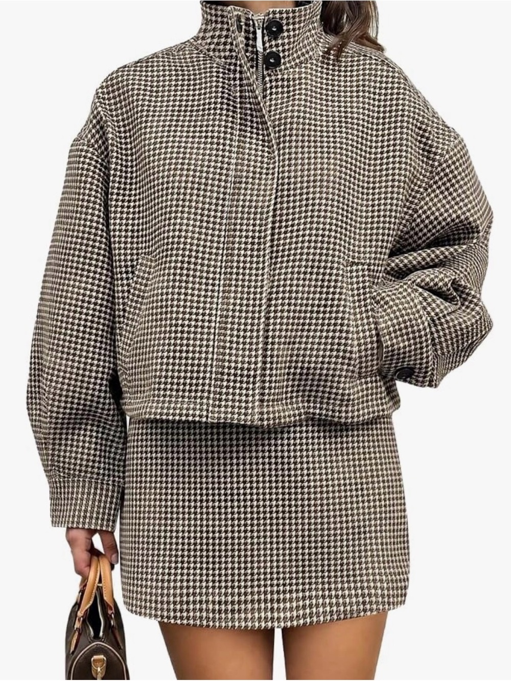 Houndstooth Cropped Jacket & Mini Skirt Set in Black & Cream